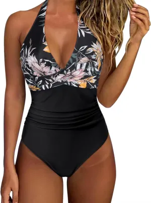 SUUKSESS Women Sexy Tummy Control One Piece Swimsuits Halter Push Up Bathing Suits