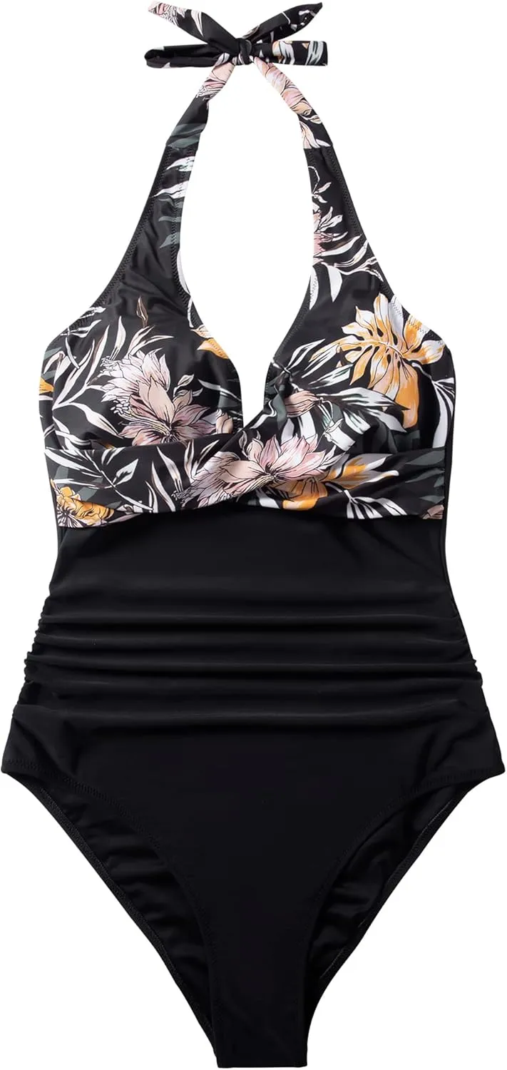 SUUKSESS Women Sexy Tummy Control One Piece Swimsuits Halter Push Up Bathing Suits