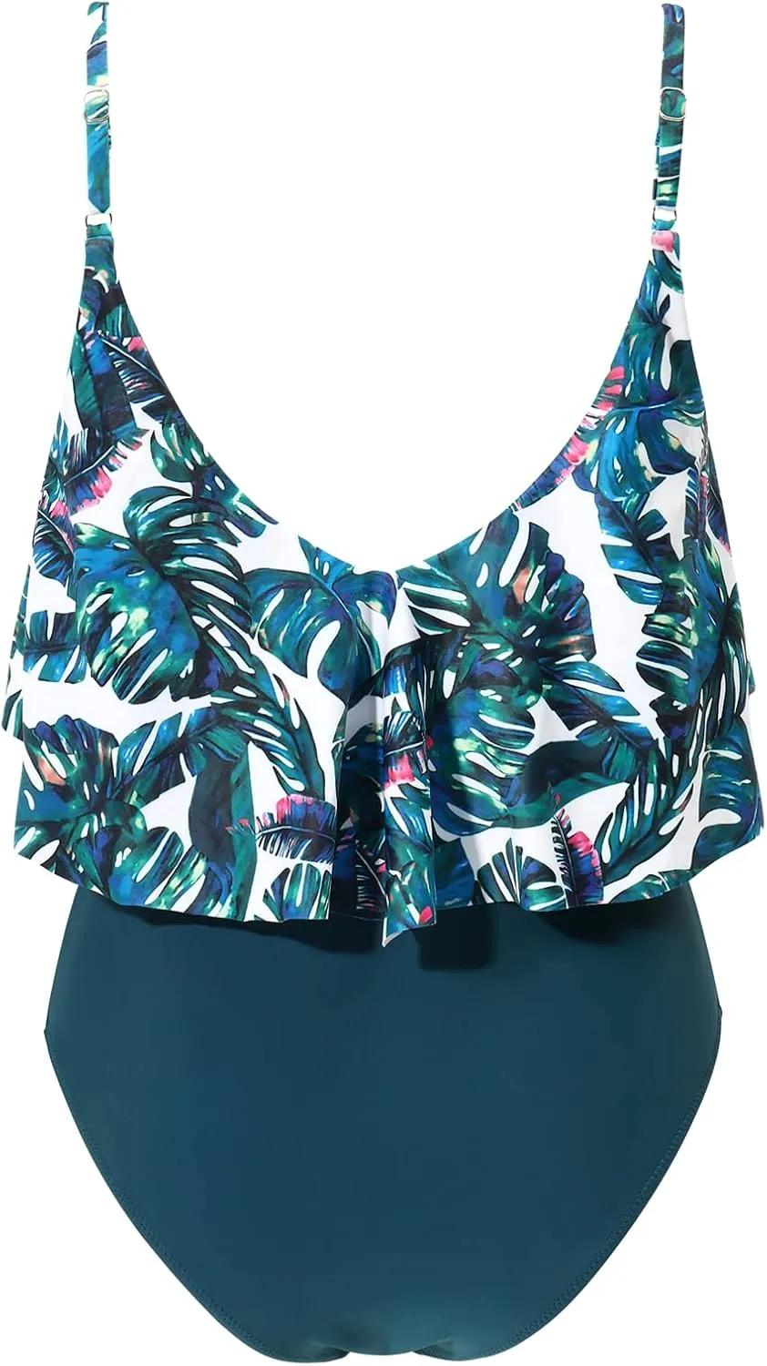 SUUKSESS Women Slimming Ruffle One Piece Swimsuits Ruched Tummy Control Bathing Suits