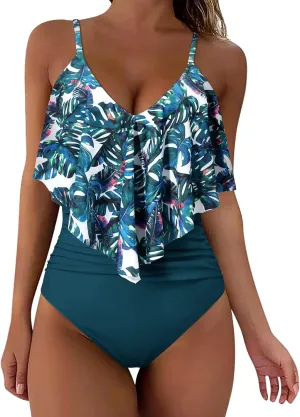 SUUKSESS Women Slimming Ruffle One Piece Swimsuits Ruched Tummy Control Bathing Suits