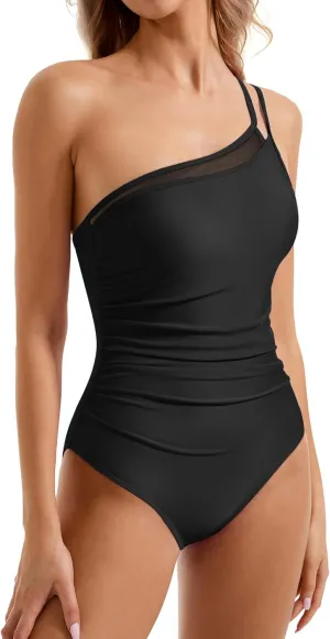 SUUKSESS Women Tummy Control One Piece Swimsuit Mesh One Shoulder Bathing Suit
