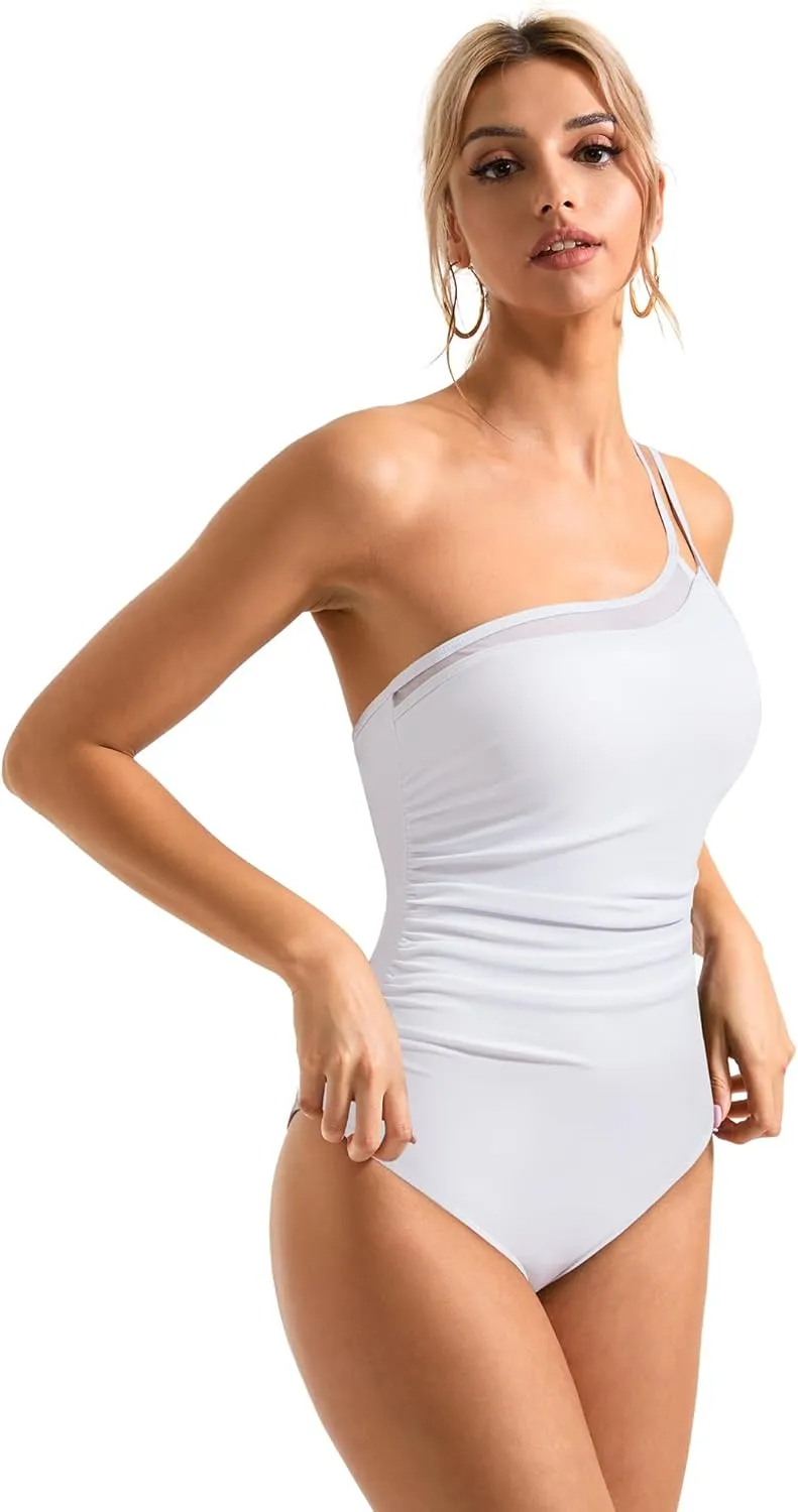 SUUKSESS Women Tummy Control One Piece Swimsuit Mesh One Shoulder Bathing Suit
