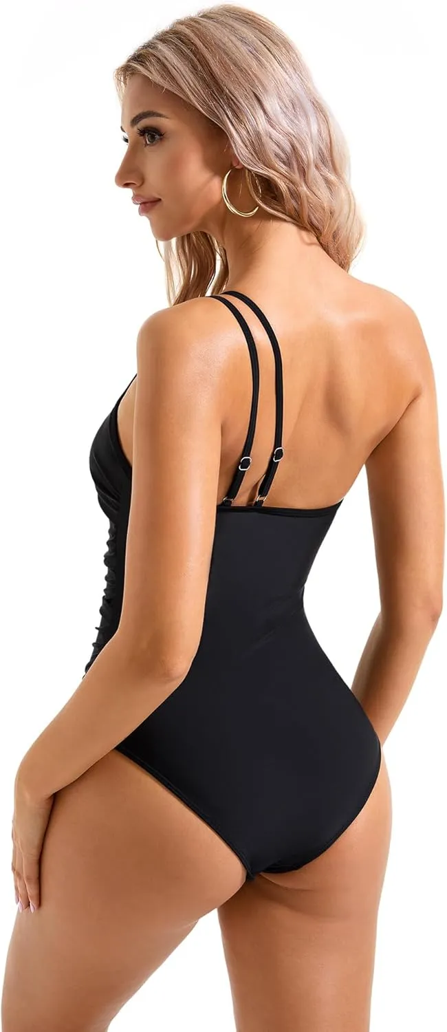 SUUKSESS Women Tummy Control One Piece Swimsuit Mesh One Shoulder Bathing Suit