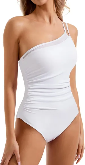 SUUKSESS Women Tummy Control One Piece Swimsuit Mesh One Shoulder Bathing Suit