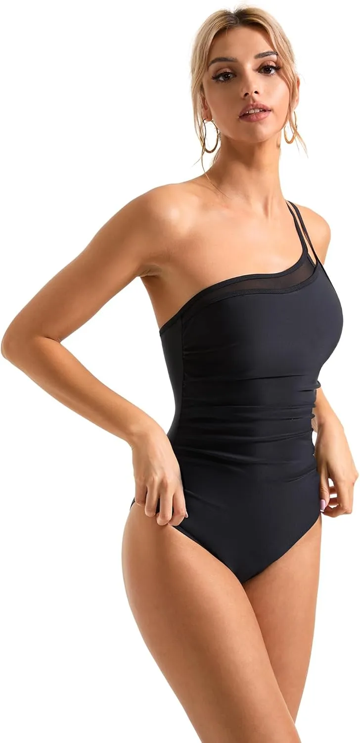 SUUKSESS Women Tummy Control One Piece Swimsuit Mesh One Shoulder Bathing Suit