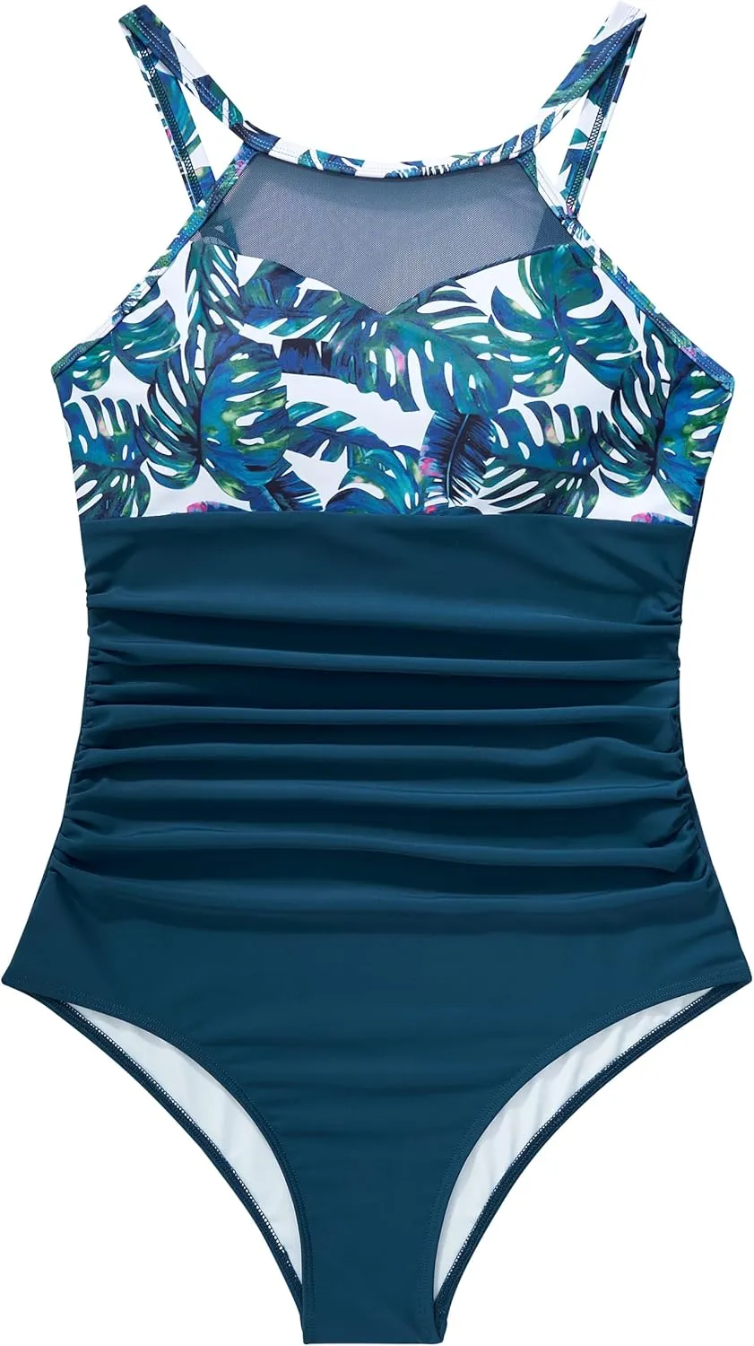 SUUKSESS Women Tummy Control One Piece Swimsuit Sexy Mesh High Neck Bathing Suit