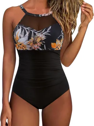 SUUKSESS Women Tummy Control One Piece Swimsuit Sexy Mesh High Neck Bathing Suit
