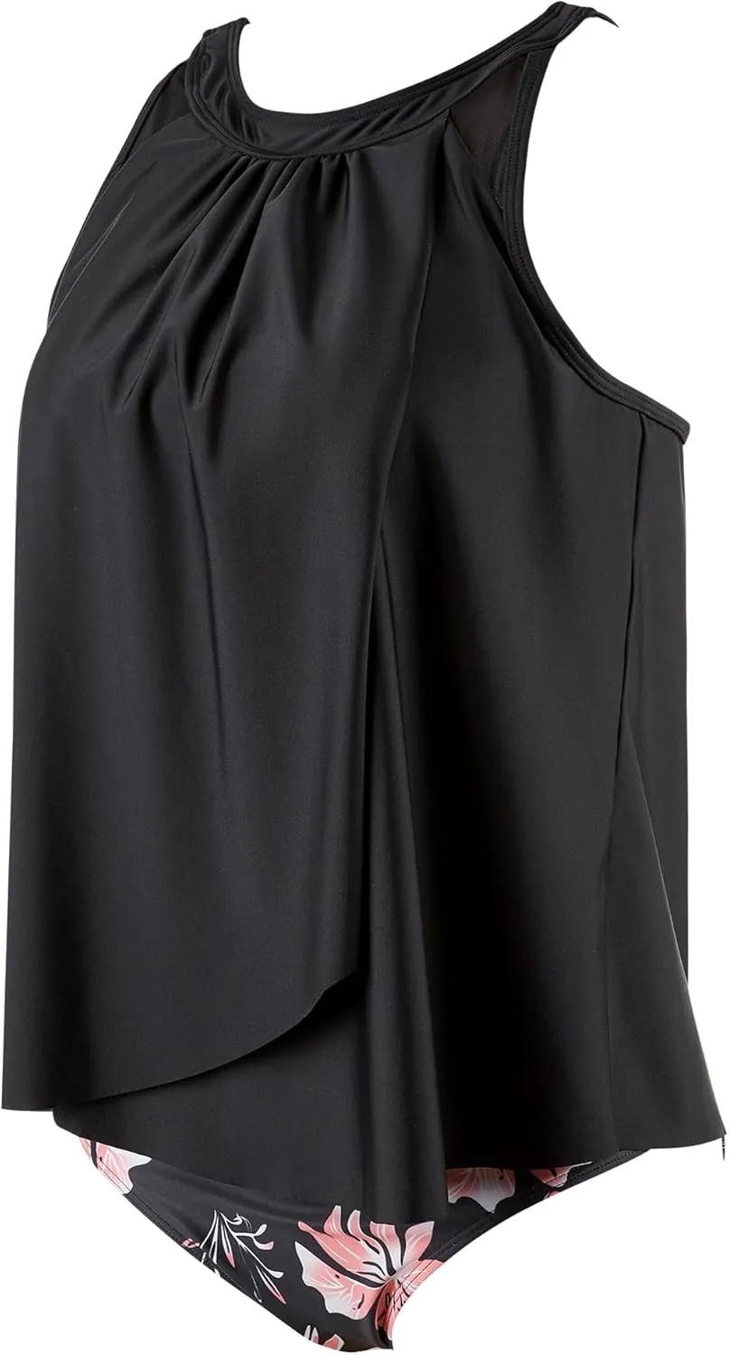 SUUKSESS Women Tummy Control Tankini Bathing Suit Ruffle High Waisted Swimsuit
