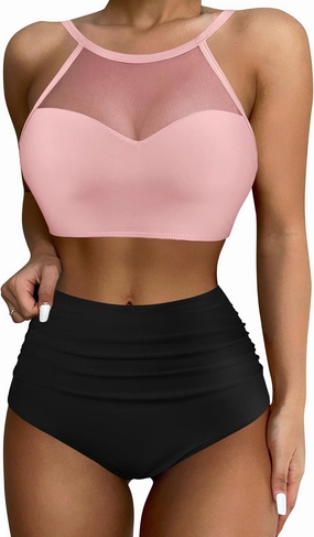 SUUKSESS Women High Waisted Bikini Sets Sexy Mesh High Neck Swimsuit 2 Piece