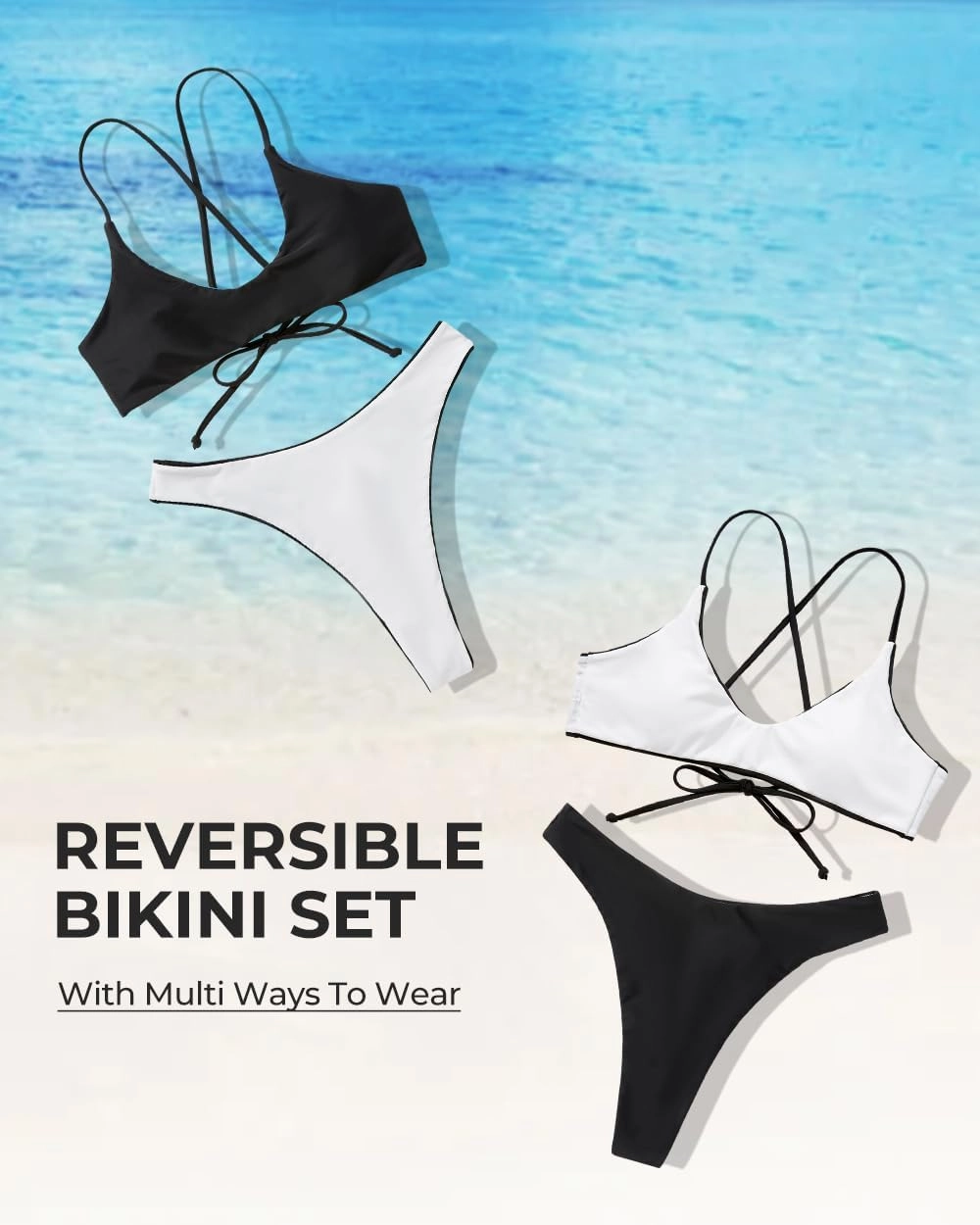 SUUKSESS Women High Waisted Thong Bikini Set Reversible String 2 Piece Swimsuit