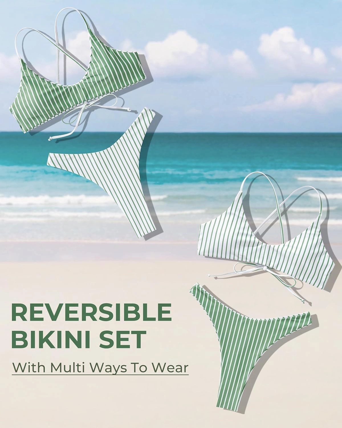 SUUKSESS Women High Waisted Thong Bikini Set Reversible String 2 Piece Swimsuit