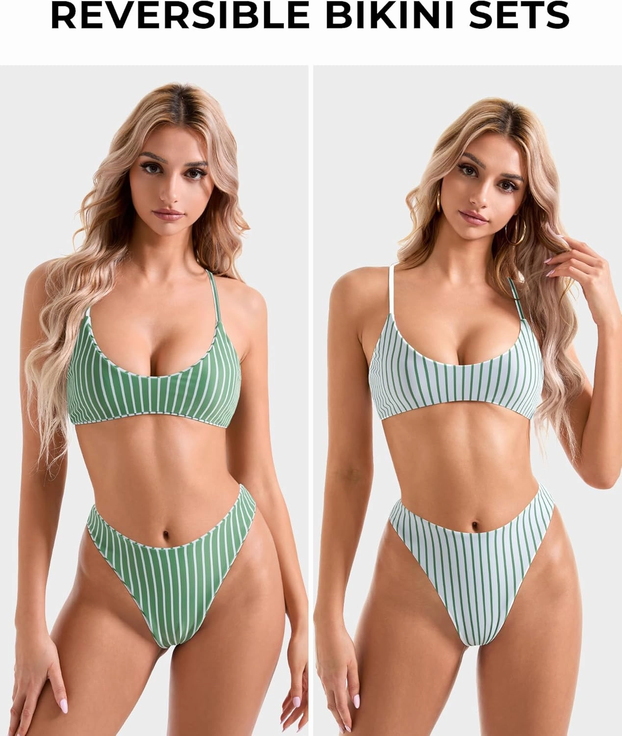 SUUKSESS Women High Waisted Thong Bikini Set Reversible String 2 Piece Swimsuit
