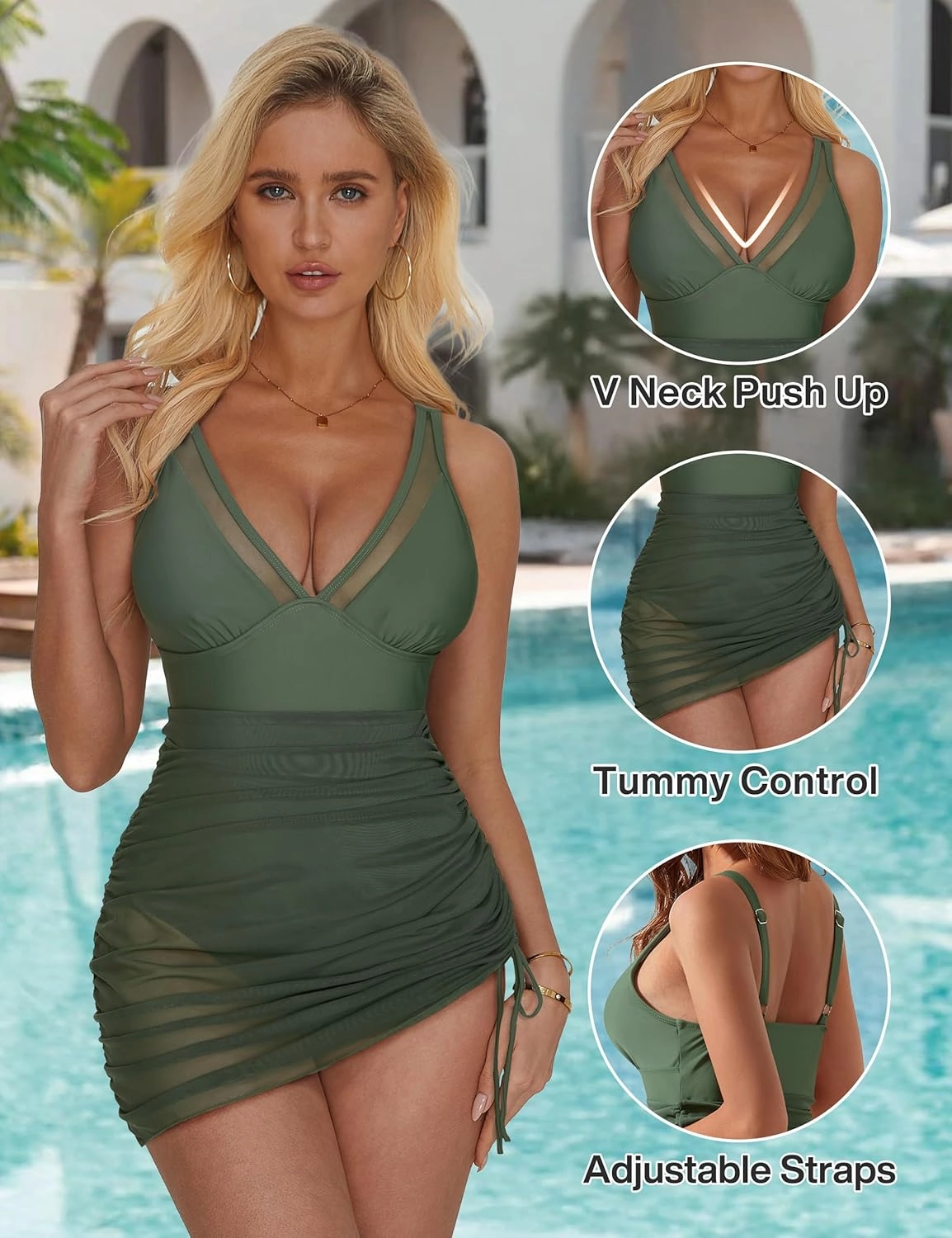 SUUKSESS Women Mesh One Piece Swim Dress Swimsuit Tummy Control Bathing Suit
