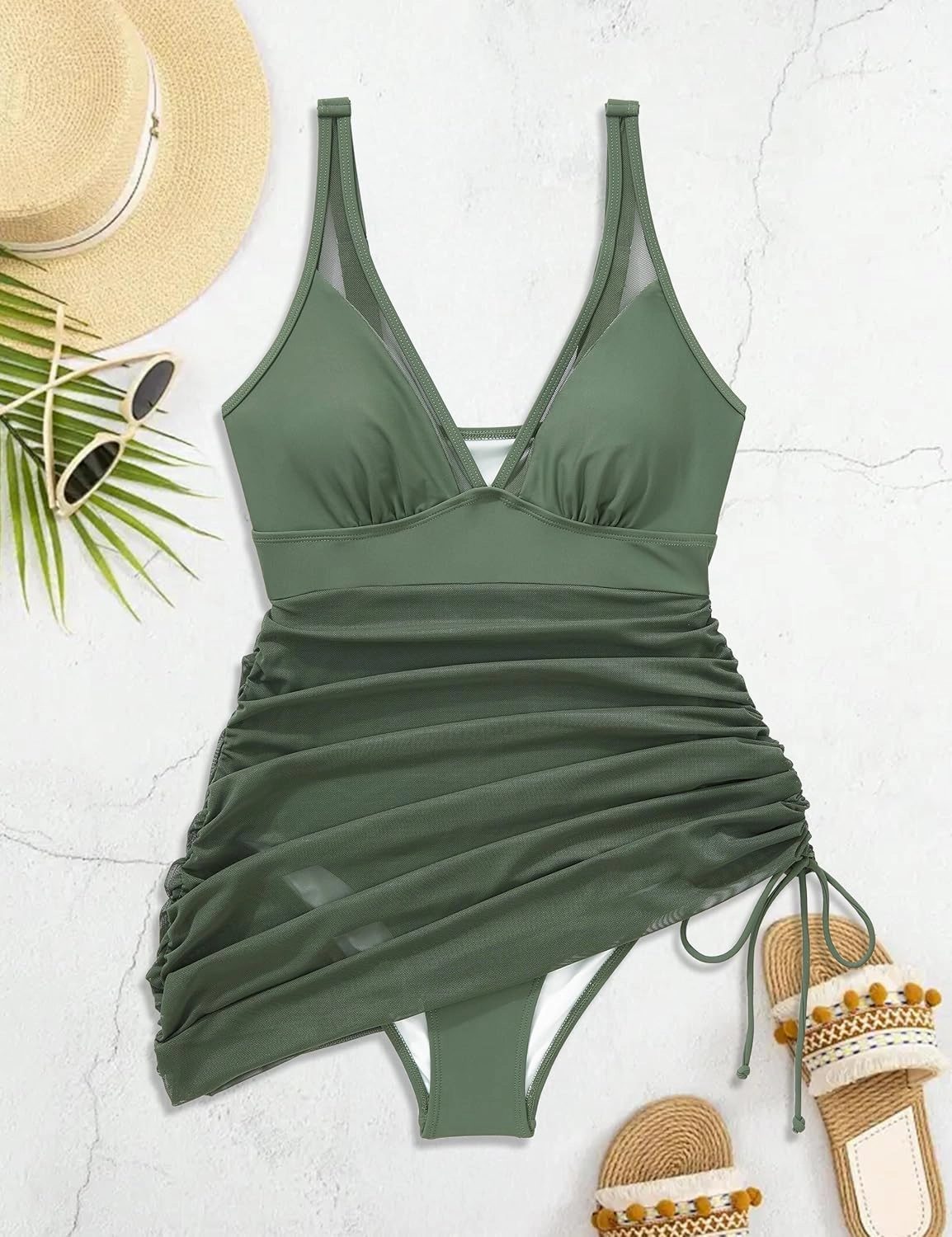 SUUKSESS Women Mesh One Piece Swim Dress Swimsuit Tummy Control Bathing Suit