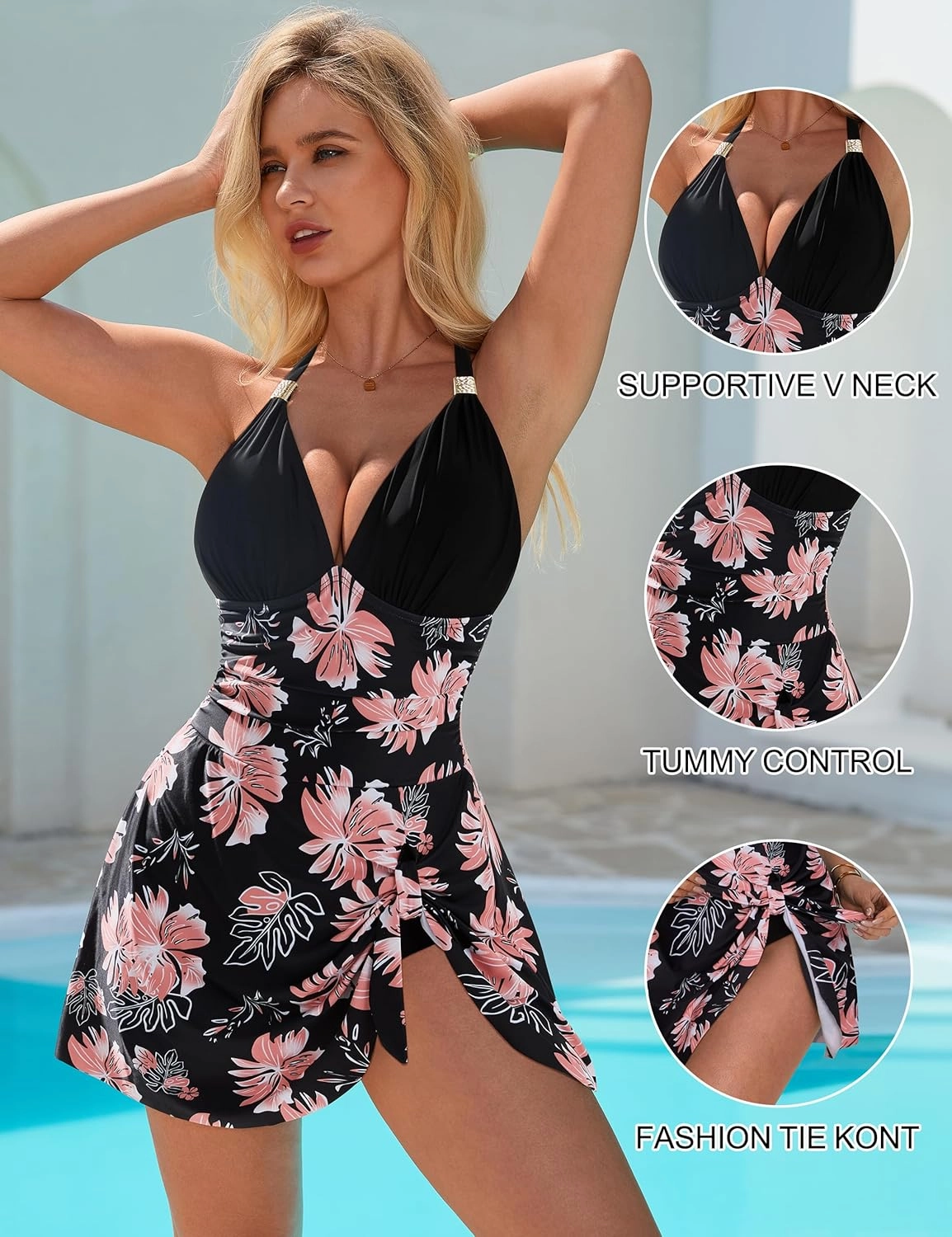 SUUKSESS Women One Piece Swim Dress Tummy Control Swimsuit Tie Knot Bathing Suit