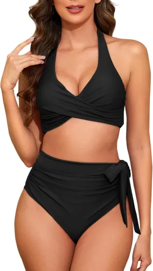 Suvimuga Women High Waist Bikini Set Halter Bow Tie Twist Tummy Control Bathing Suits High Leg Two Piece Swimsuits