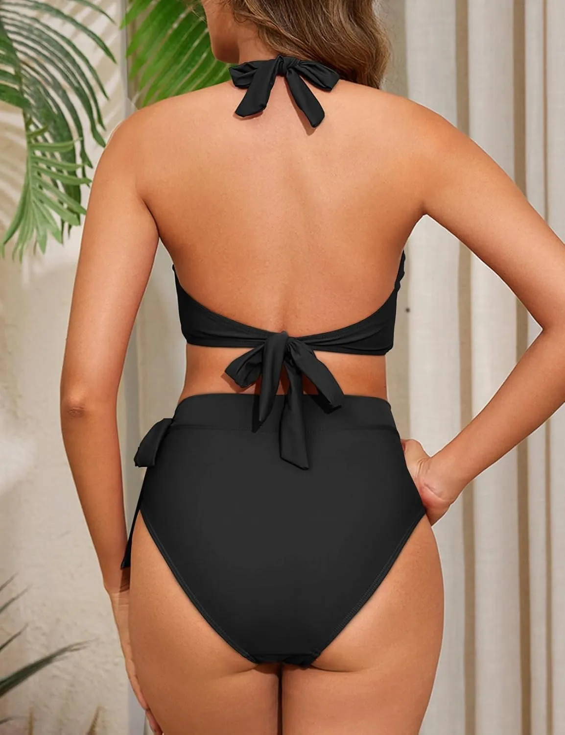 Suvimuga Women High Waist Bikini Set Halter Bow Tie Twist Tummy Control Bathing Suits High Leg Two Piece Swimsuits