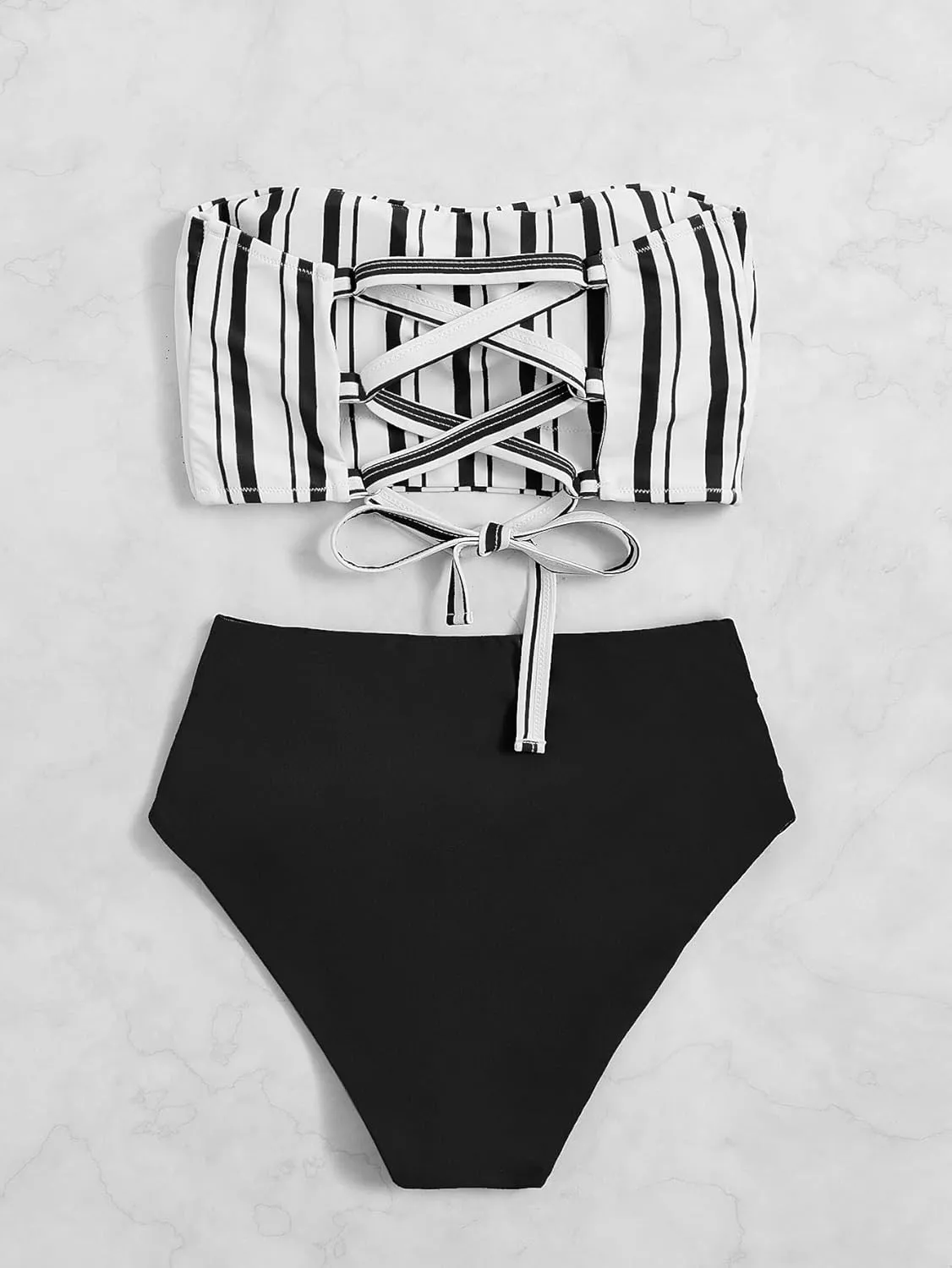 SweatyRocks Women's Bathing Suits Striped Bandeau Bikini high Waisted Swimsuits Swimwear Set