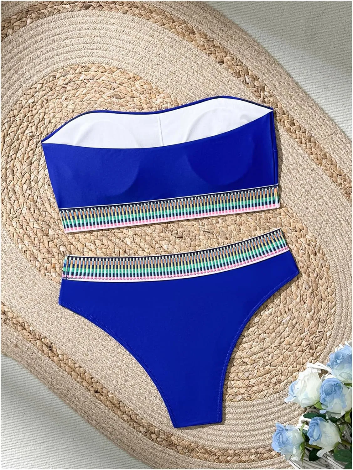 SweatyRocks Women's Bathing Suits Striped Bandeau Bikini high Waisted Swimsuits Swimwear Set