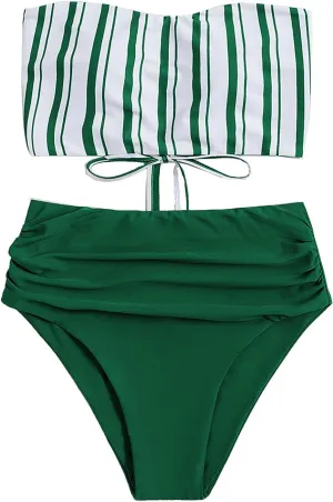 SweatyRocks Women's Bathing Suits Striped Bandeau Bikini high Waisted Swimsuits Swimwear Set