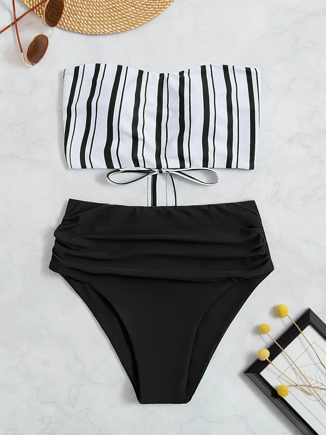 SweatyRocks Women's Bathing Suits Striped Bandeau Bikini high Waisted Swimsuits Swimwear Set