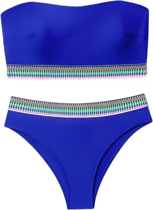 SweatyRocks Women's Bathing Suits Striped Bandeau Bikini high Waisted Swimsuits Swimwear Set