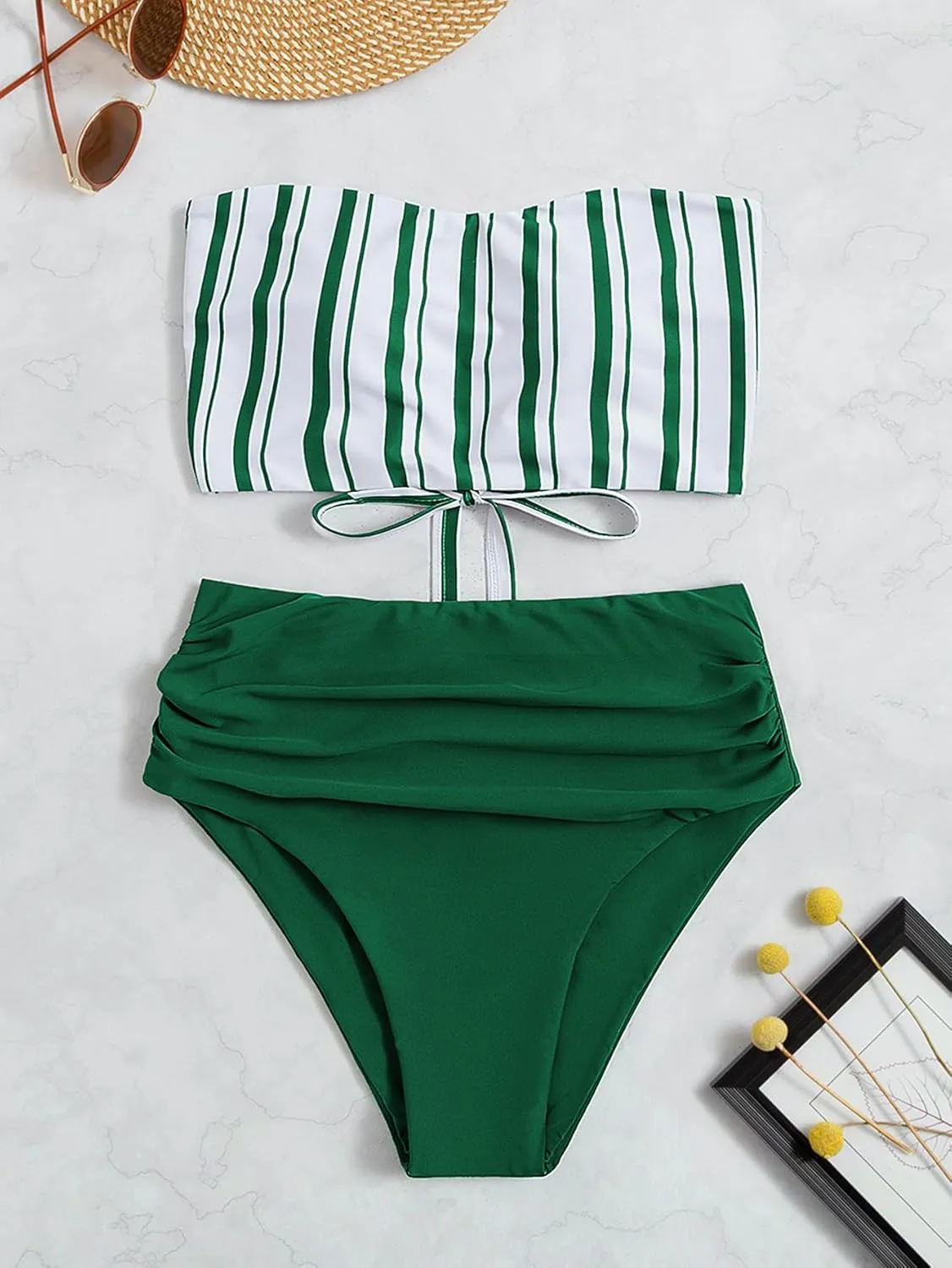 SweatyRocks Women's Bathing Suits Striped Bandeau Bikini high Waisted Swimsuits Swimwear Set