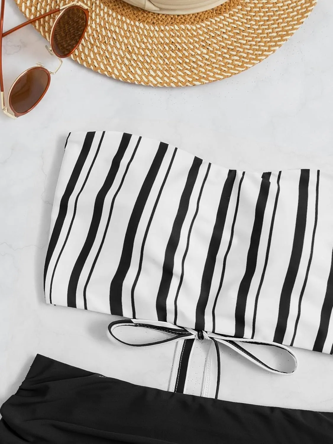 SweatyRocks Women's Bathing Suits Striped Bandeau Bikini high Waisted Swimsuits Swimwear Set