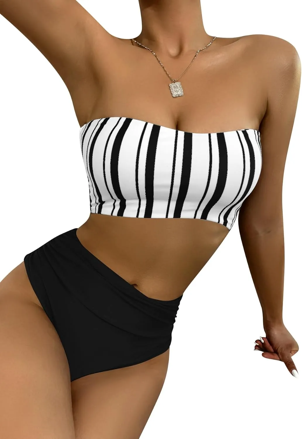 SweatyRocks Women's Bathing Suits Striped Bandeau Bikini high Waisted Swimsuits Swimwear Set