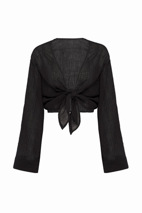Tahiti Tie Top - Black Crinkle Linen