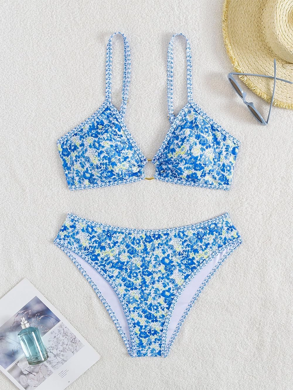 Tainehs Women's Two Piece Bikini Sets O Ring Front Top Ditsy Floral Triangle Swimsuits Cheeky Bathing Suit