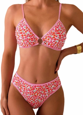 Tainehs Women's Two Piece Bikini Sets O Ring Front Top Ditsy Floral Triangle Swimsuits Cheeky Bathing Suit