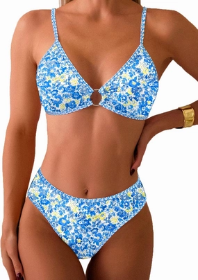 Tainehs Women's Two Piece Bikini Sets O Ring Front Top Ditsy Floral Triangle Swimsuits Cheeky Bathing Suit