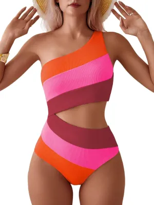 TASHEHE Women's One Shoulder One Piece Swimsuit Sexy Neon Color Block Bathing Suit Modest Full Coverage Cutout Swimwear