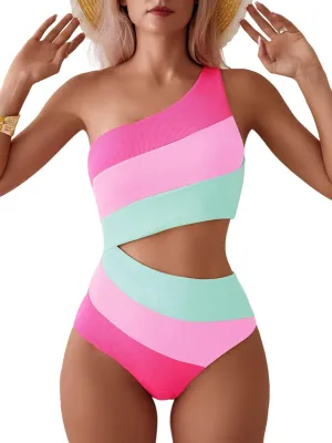 TASHEHE Women's One Shoulder One Piece Swimsuit Sexy Neon Color Block Bathing Suit Modest Full Coverage Cutout Swimwear