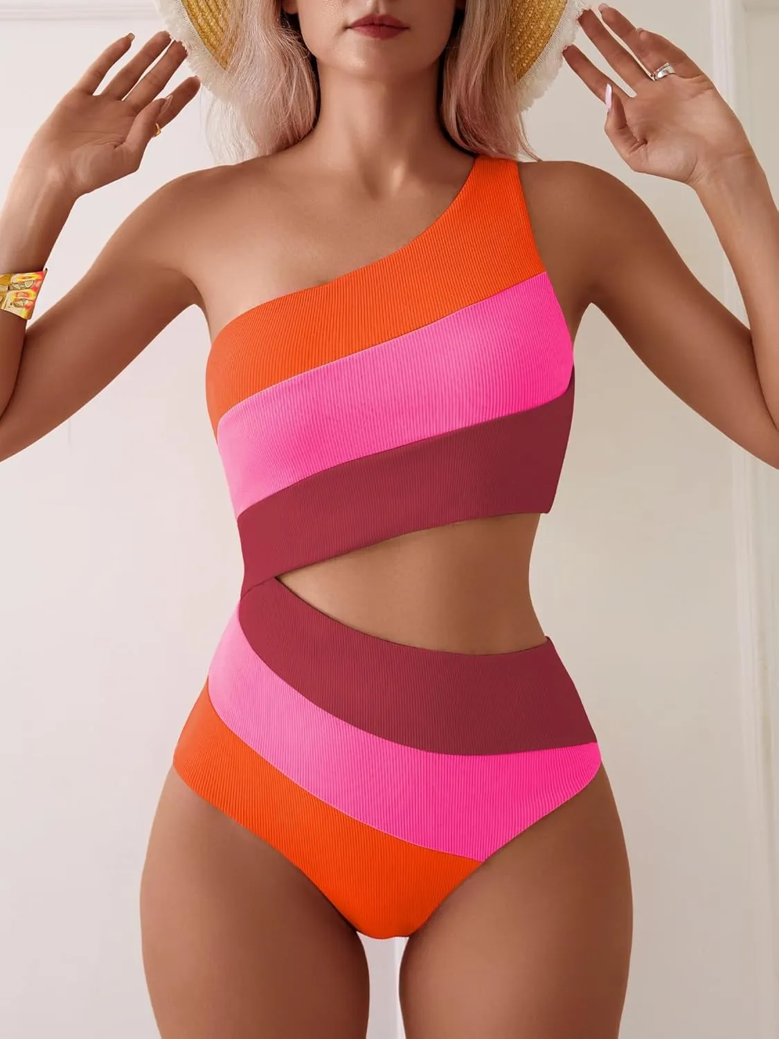 TASHEHE Women's One Shoulder One Piece Swimsuit Sexy Neon Color Block Bathing Suit Modest Full Coverage Cutout Swimwear