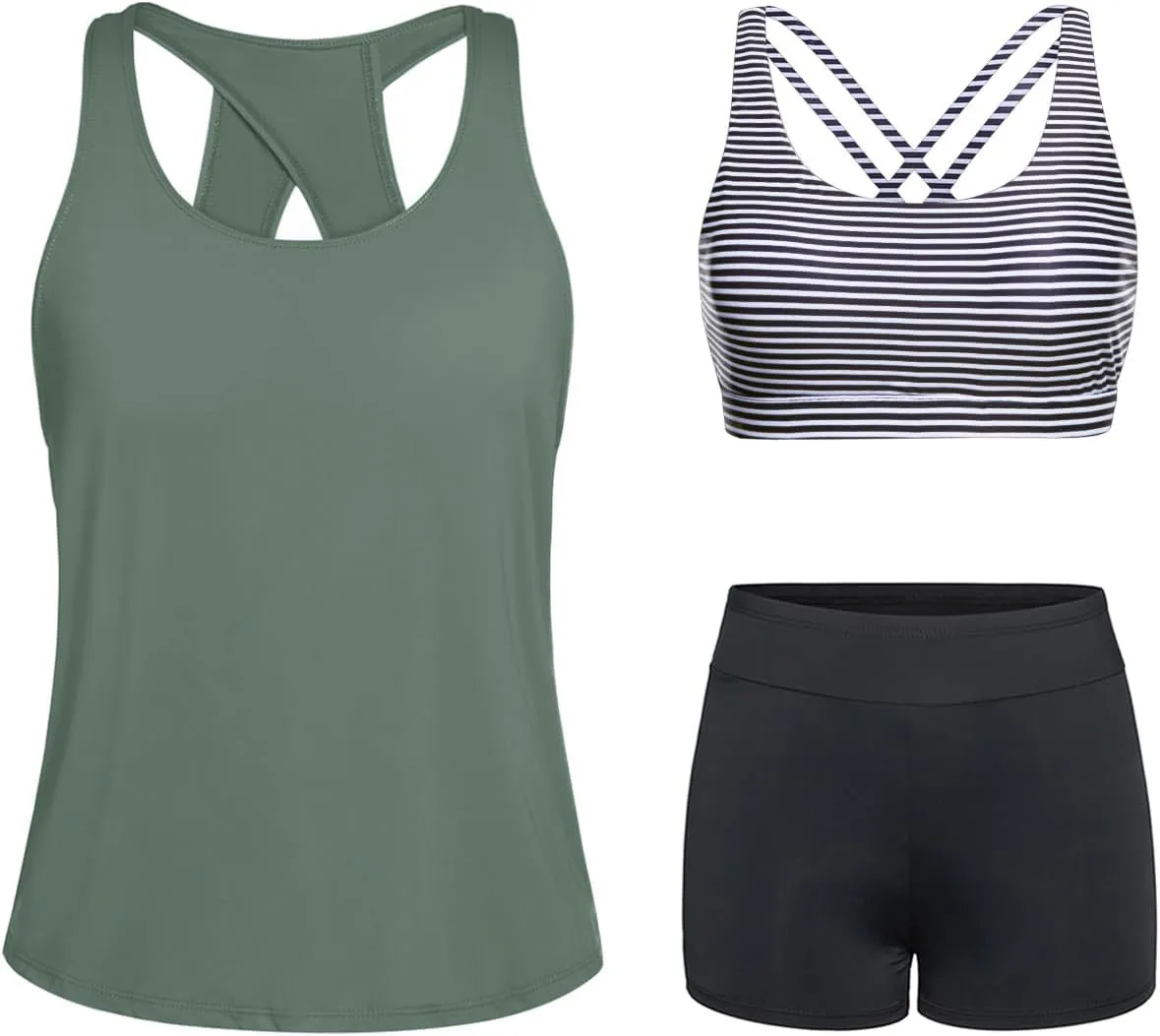 Tempt Me 3 Piece Tankini Swimsuits for Women Athletic Bathing Suits Swim Tank Top with Boy Shorts and Bra Modest Swimwear