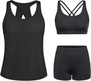 Tempt Me 3 Piece Tankini Swimsuits for Women Athletic Bathing Suits Swim Tank Top with Boy Shorts and Bra Modest Swimwear
