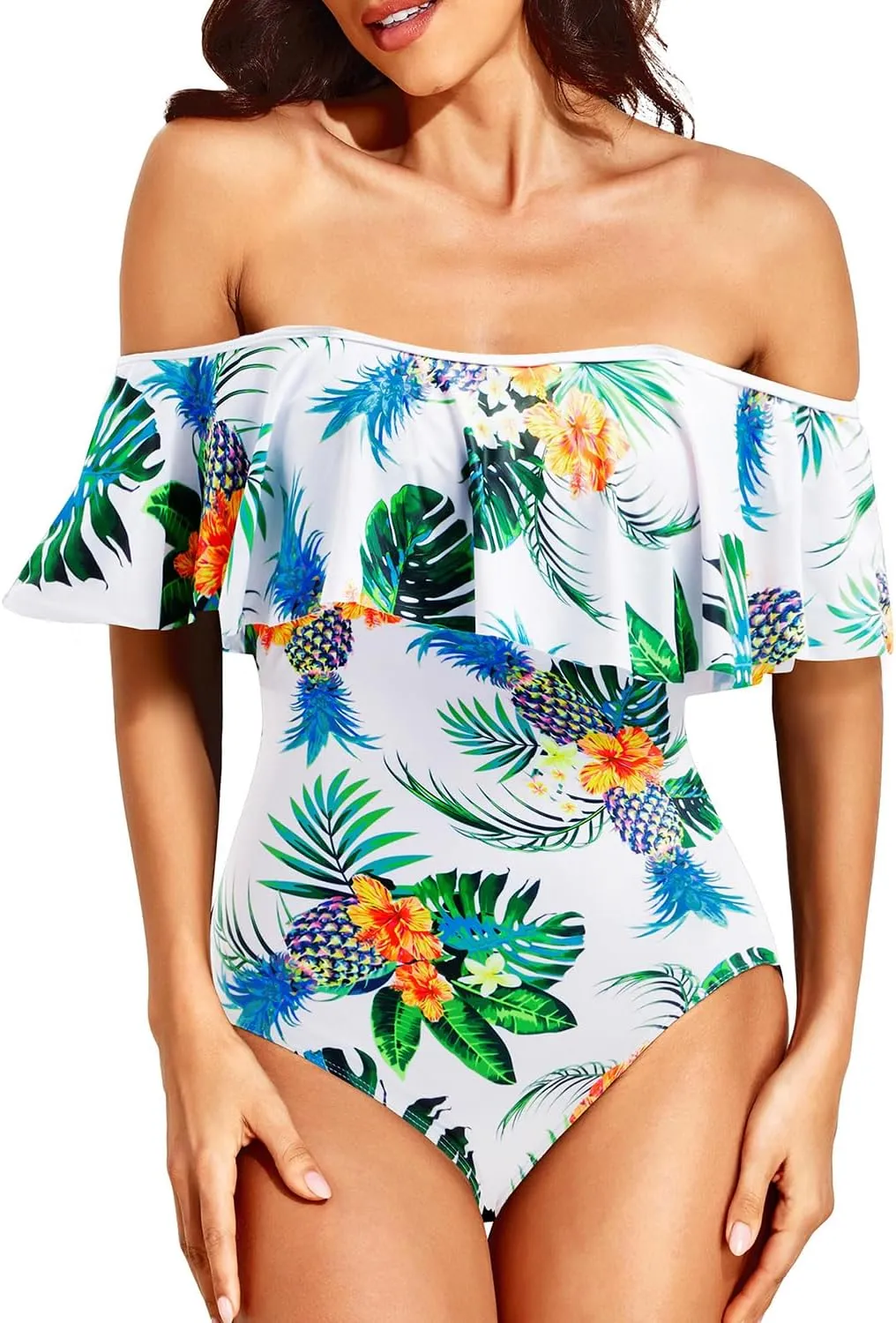 Tempt Me Off Shoulder One Piece Swimsuit for Women Ruffled Sleeves Retro Bathing Suits