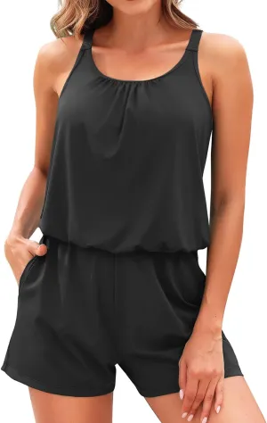 Tempt Me Romper One Piece Swimsuits with Short - Women Boyleg with Pockets Bathing Suit Modest Swimwear