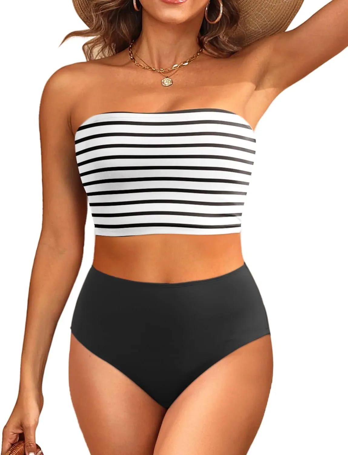 Tempt Me Women Bandeau Bikini Set Strapless High Waisted Two Piece Swimsuit Longline Bathing Suits