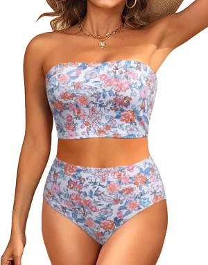 Tempt Me Women Bandeau Bikini Set Strapless High Waisted Two Piece Swimsuit Longline Bathing Suits
