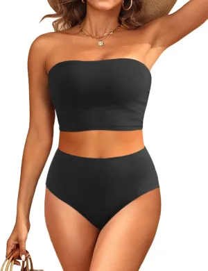 Tempt Me Women Bandeau Bikini Set Strapless High Waisted Two Piece Swimsuit Longline Bathing Suits