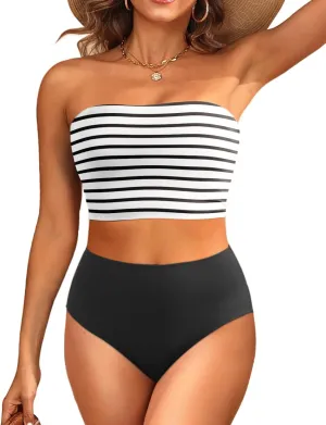 Tempt Me Women Bandeau Bikini Set Strapless High Waisted Two Piece Swimsuit Longline Bathing Suits
