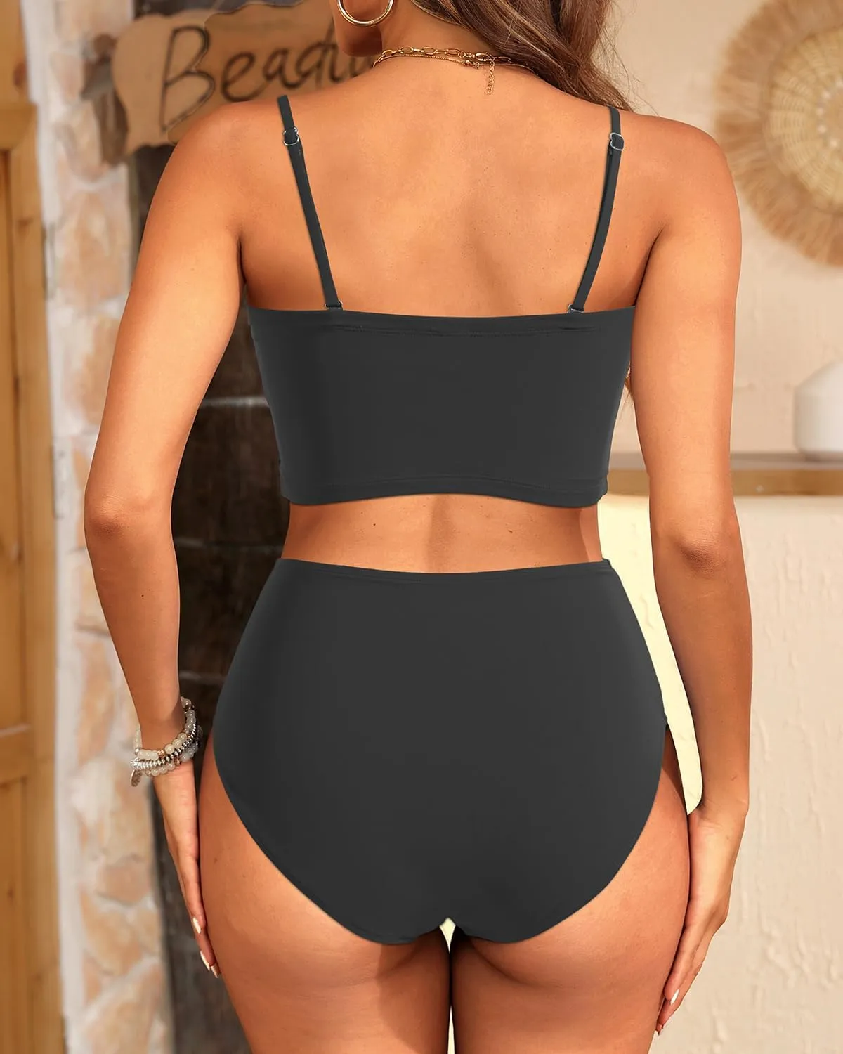 Tempt Me Women Bandeau Bikini Set Strapless High Waisted Two Piece Swimsuit Longline Bathing Suits