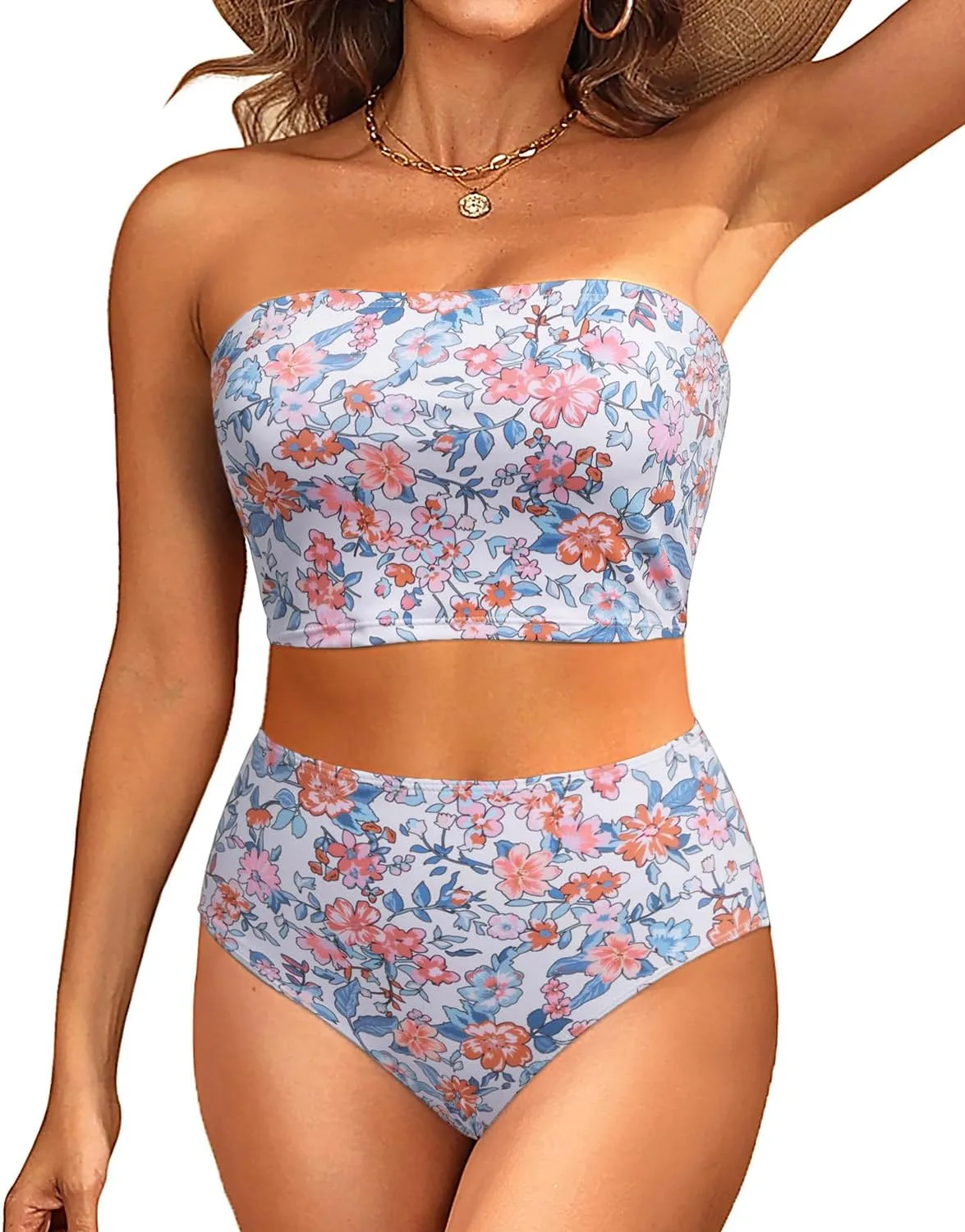 Tempt Me Women Bandeau Bikini Set Strapless High Waisted Two Piece Swimsuit Longline Bathing Suits