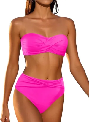 Tempt Me Women Bandeau Bikini Set Twist Strapless Two Piece Swimsuit High Cut High Waisted Bathing Suits