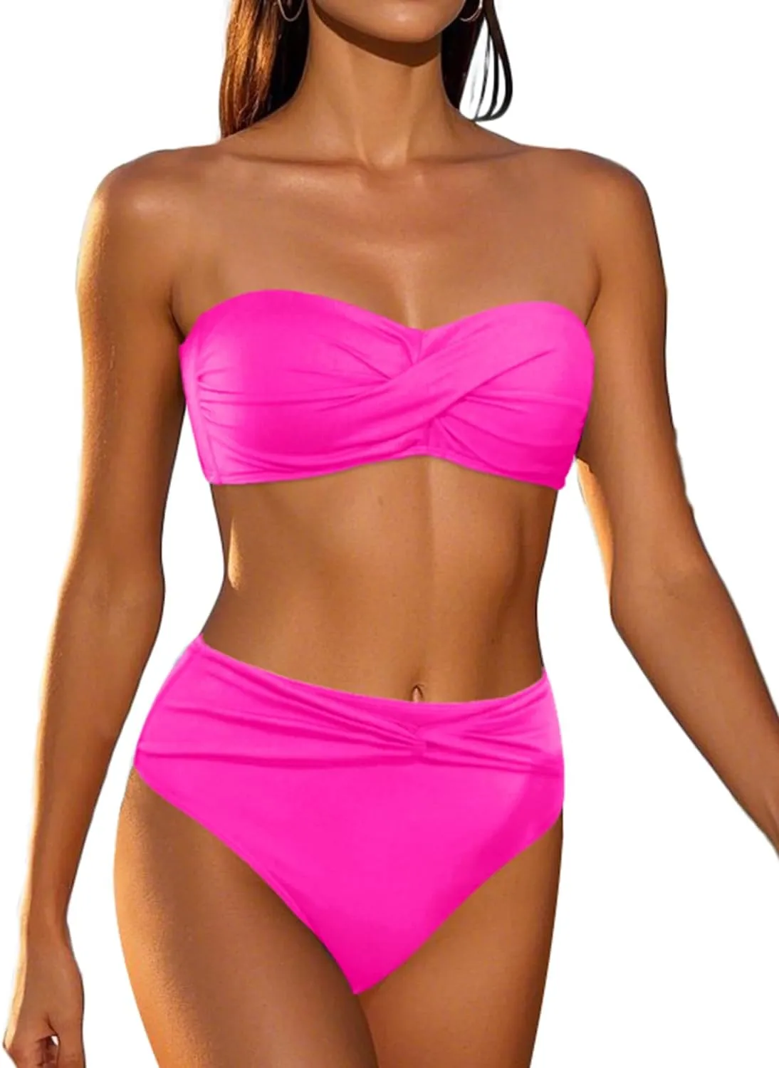 Tempt Me Women Bandeau Bikini Set Twist Strapless Two Piece Swimsuit High Cut High Waisted Bathing Suits