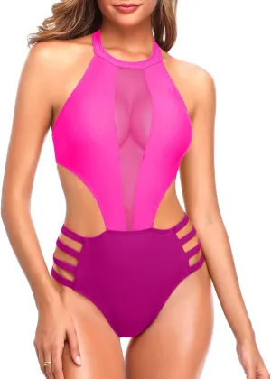 Tempt Me Women One Piece Sexy Mesh Swimsuit High Neck Halter Cutout Monokini Swimwear