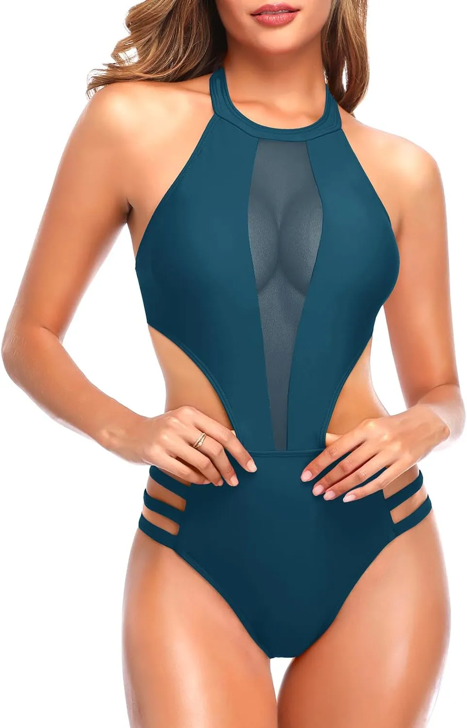 Tempt Me Women One Piece Sexy Mesh Swimsuit High Neck Halter Cutout Monokini Swimwear